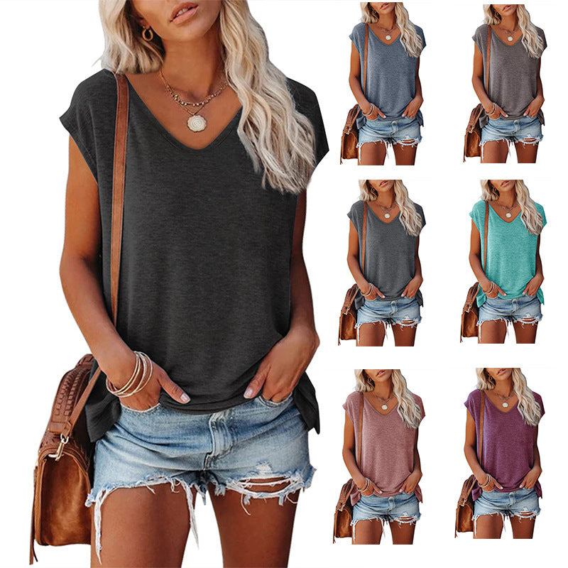 Women's Cap Sleeve V-neck Solid Color Casual Loose-fitting T-shirt - Chic Angle